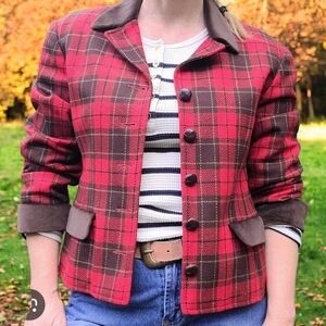 LIZ SPORT Red Brown Equestrian Plaid Lined Wool Blend Riding Jacket Blazer